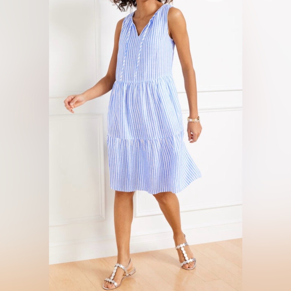 Talbots Womens M 100% Linen Tiered Dress French Stripe Blue White Resort Beach